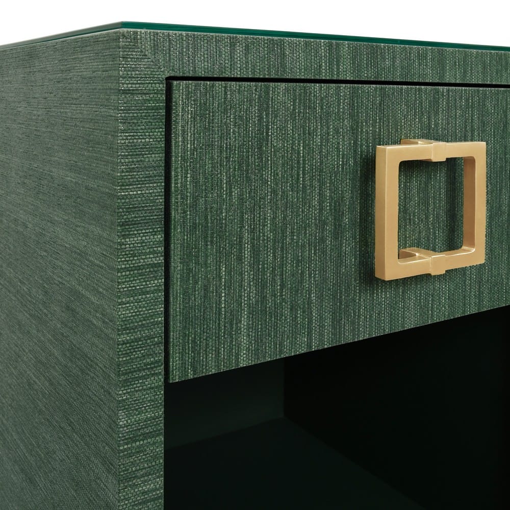 Worlds Away - One Drawer Side Table With Large Brass Square Hardware In Green Dyed Grasscloth With Glass Top - BLAIR GR view 6