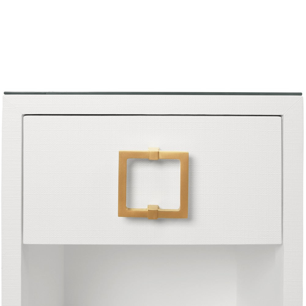 Worlds Away - One Drawer Side Table With Large Brass Square Hardware In White Textured Linen With Glass Top - BLAIR WH view 5