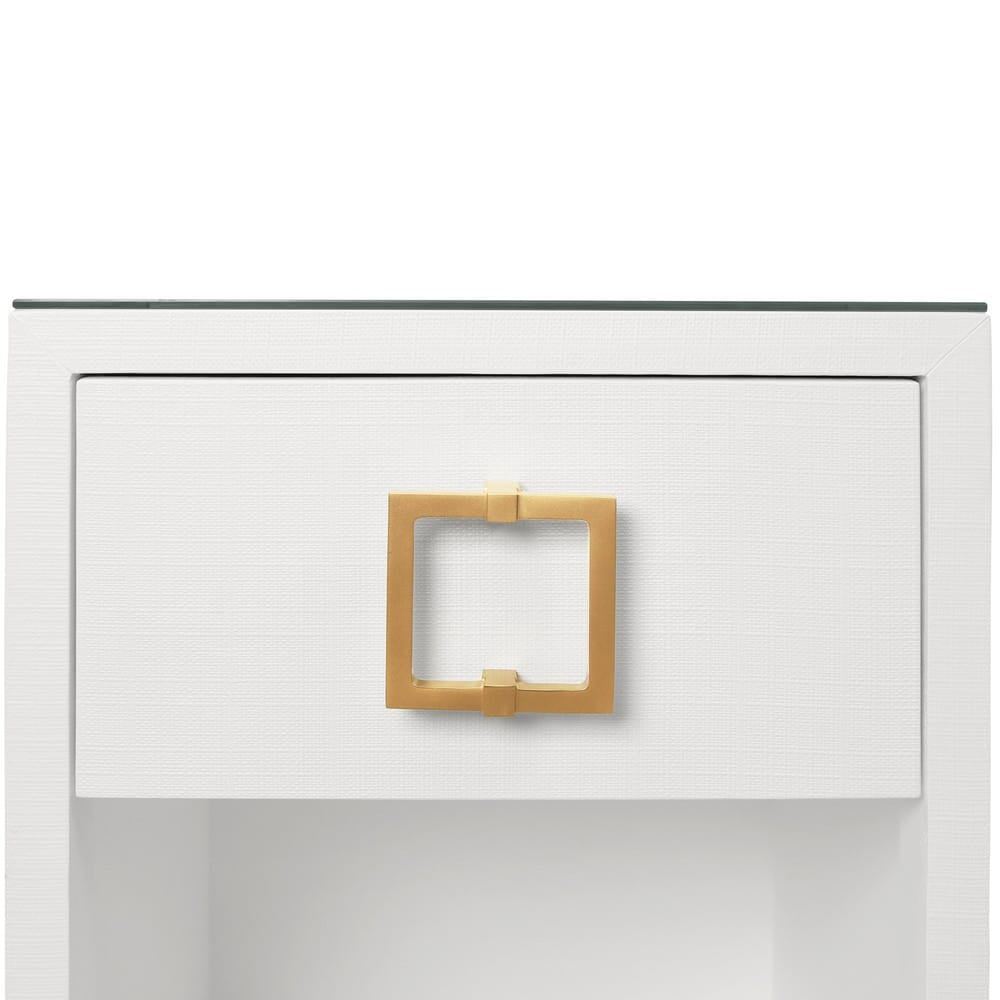 Worlds Away - One Drawer Side Table With Large Brass Square Hardware In White Textured Linen With Glass Top - BLAIR WH view 5