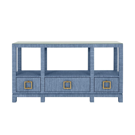 Worlds Away - Open Shelf Console With Three Bottom Drawers And Square Satin Brass Hardware In Dyed Blue Grasscloth - CAMPBELL BL view 2