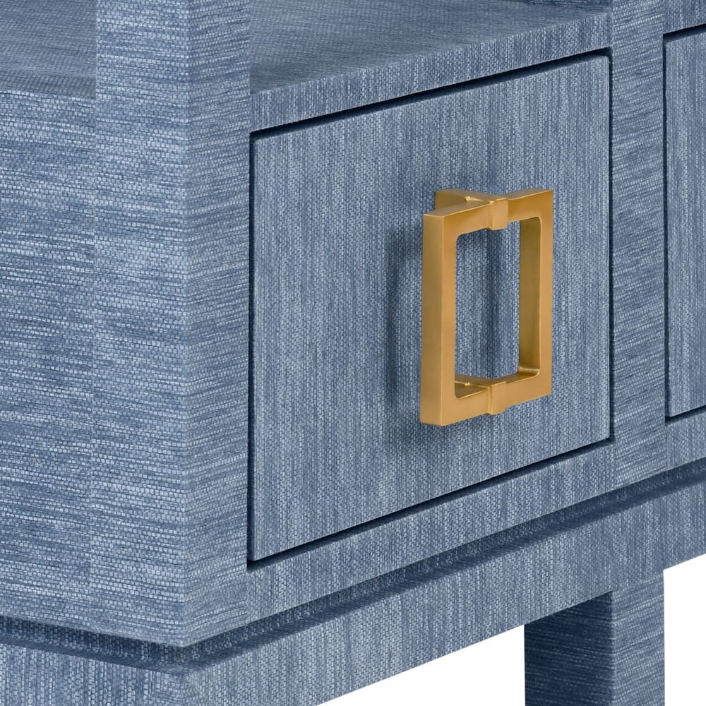Worlds Away - Open Shelf Console With Three Bottom Drawers And Square Satin Brass Hardware In Dyed Blue Grasscloth - CAMPBELL BL view 7