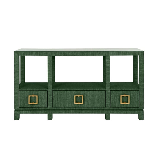 Worlds Away - Open Shelf Console With Three Bottom Drawers And Square Satin Brass Hardware In Dyed Green Grasscloth - CAMPBELL GR view 2