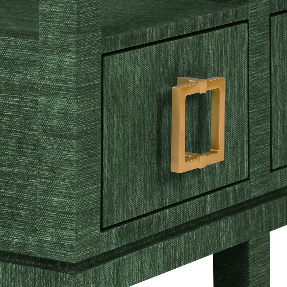 Worlds Away - Open Shelf Console With Three Bottom Drawers And Square Satin Brass Hardware In Dyed Green Grasscloth - CAMPBELL GR view 7