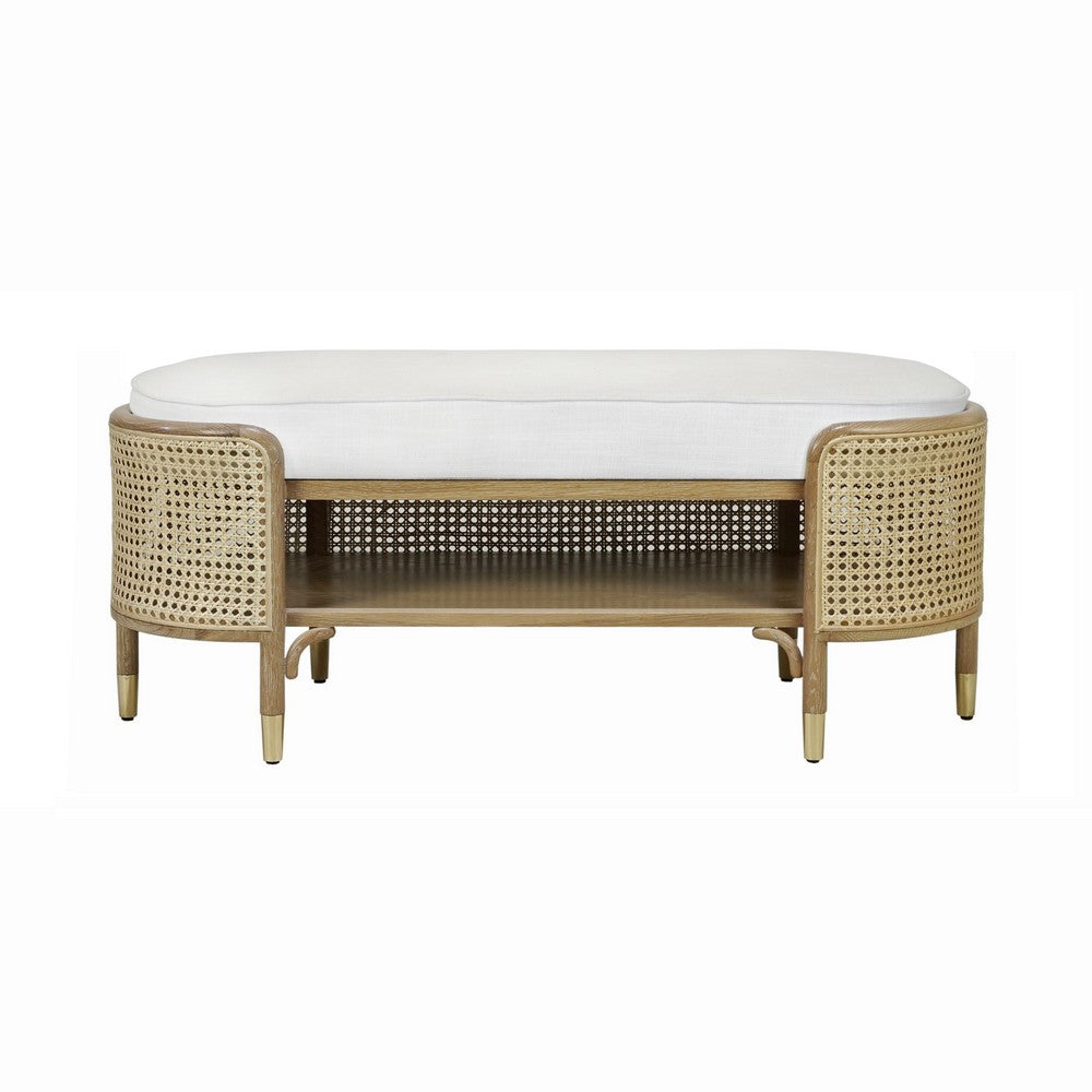 Worlds Away - Oval Bench In Cerused Oak And Natural Cane With White Linen Cushion - BEALE CO view 2