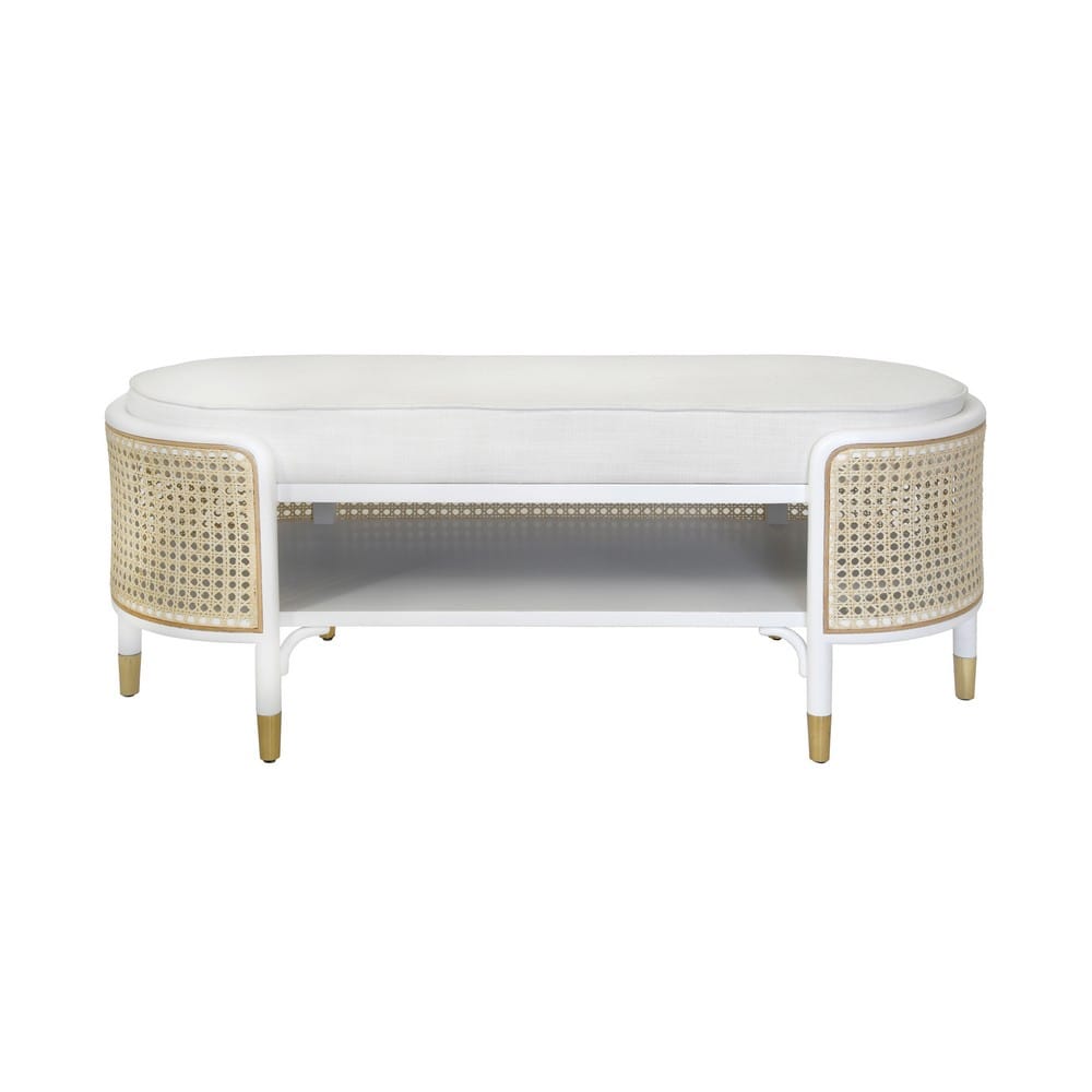 Worlds Away - Oval Bench In Matte White And Natural Cane With White Linen Cushion - BEALE WH view 2