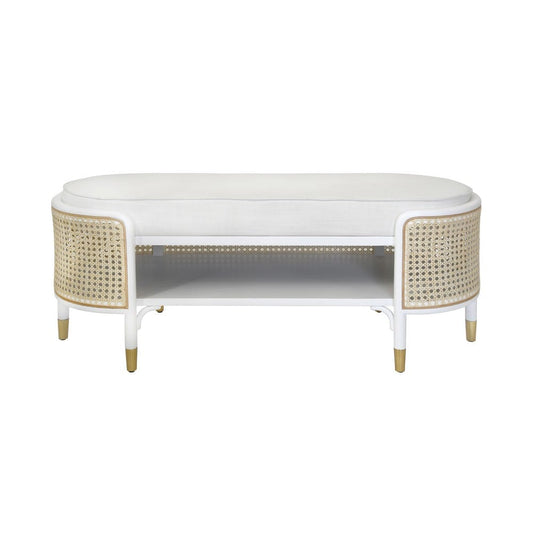 Worlds Away - Oval Bench In Matte White And Natural Cane With White Linen Cushion - BEALE WH view 2