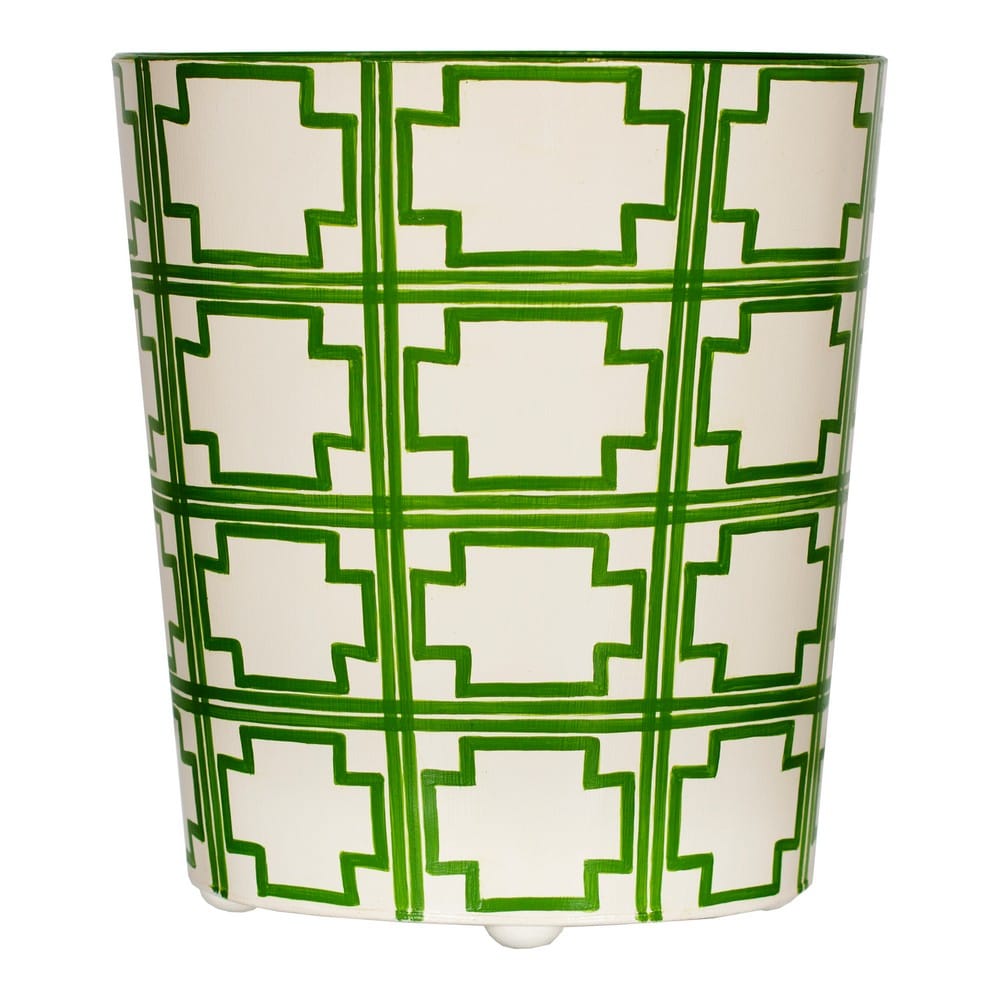 Worlds Away - Oval Wastebasket Cream/Green Sqrs - WBSQUAREDGR view 1