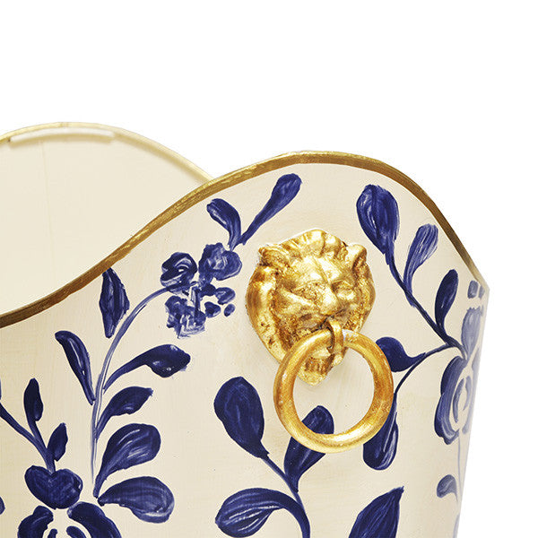 Worlds Away - Oval Wastebasket With Lion Handles In Navy Vine - WBLIONOV VINE view 3