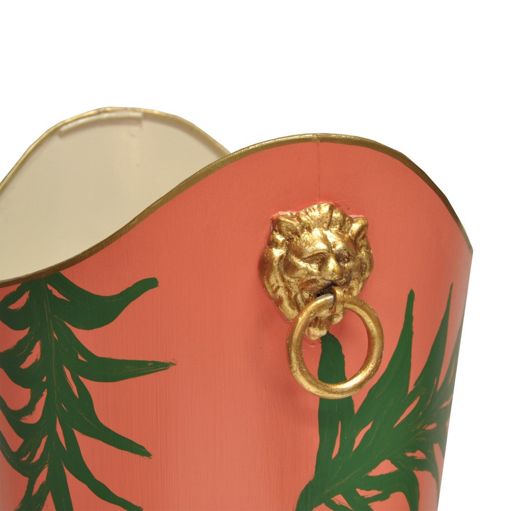 Worlds Away - Oval Wastebasket With Lion Handles In Palm - WBLIONOV PALM view 3