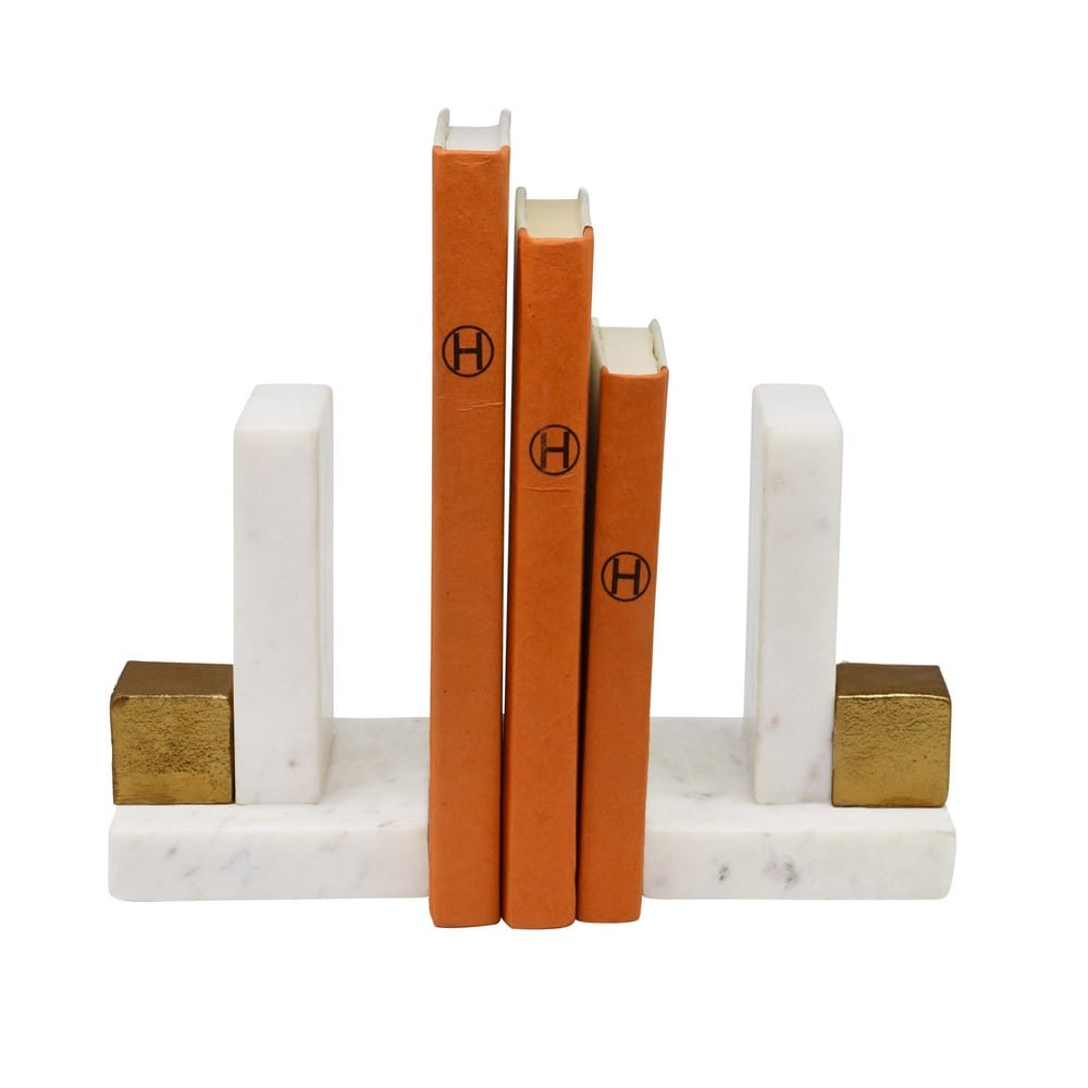 Worlds Away - Pair Of White Marble Bookends With Brass Square Detail - BLOCKS view 6