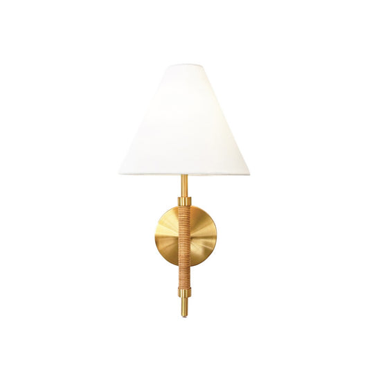 Worlds Away - Rechargeable Wall Sconce With Wrapped Rattan Pole In Brass With White Linen Shade - SYLVIA view 2