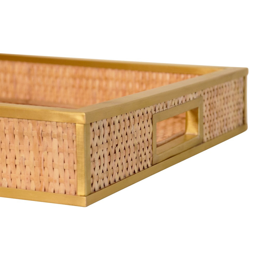 Worlds Away - Rectangular Natural Wicker Rattan Tray With Framed Brass Edge - TOBIN view 5