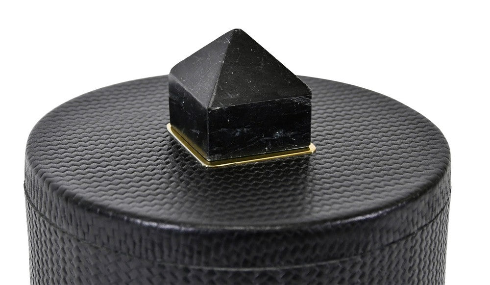 Worlds Away - Round Black Faux Leather Container With Stone Handle - Black - DENVER view 4