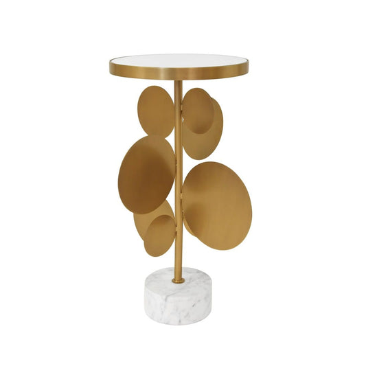 Worlds Away - Round Brass Side Table Featuring Base With Array Of Antique Brass Discs, White Marble Base, And Inset Mirror - CASSIUS view 2