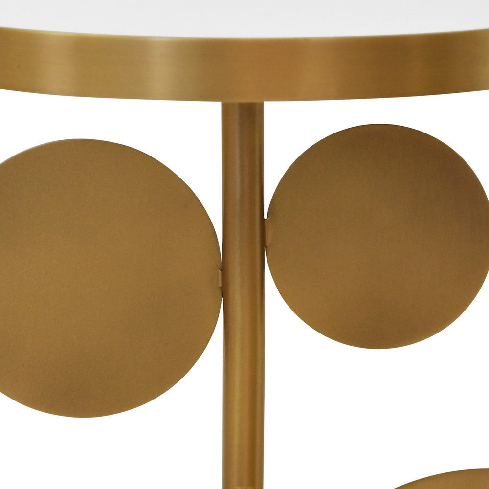 Worlds Away - Round Brass Side Table Featuring Base With Array Of Antique Brass Discs, White Marble Base, And Inset Mirror - CASSIUS view 6