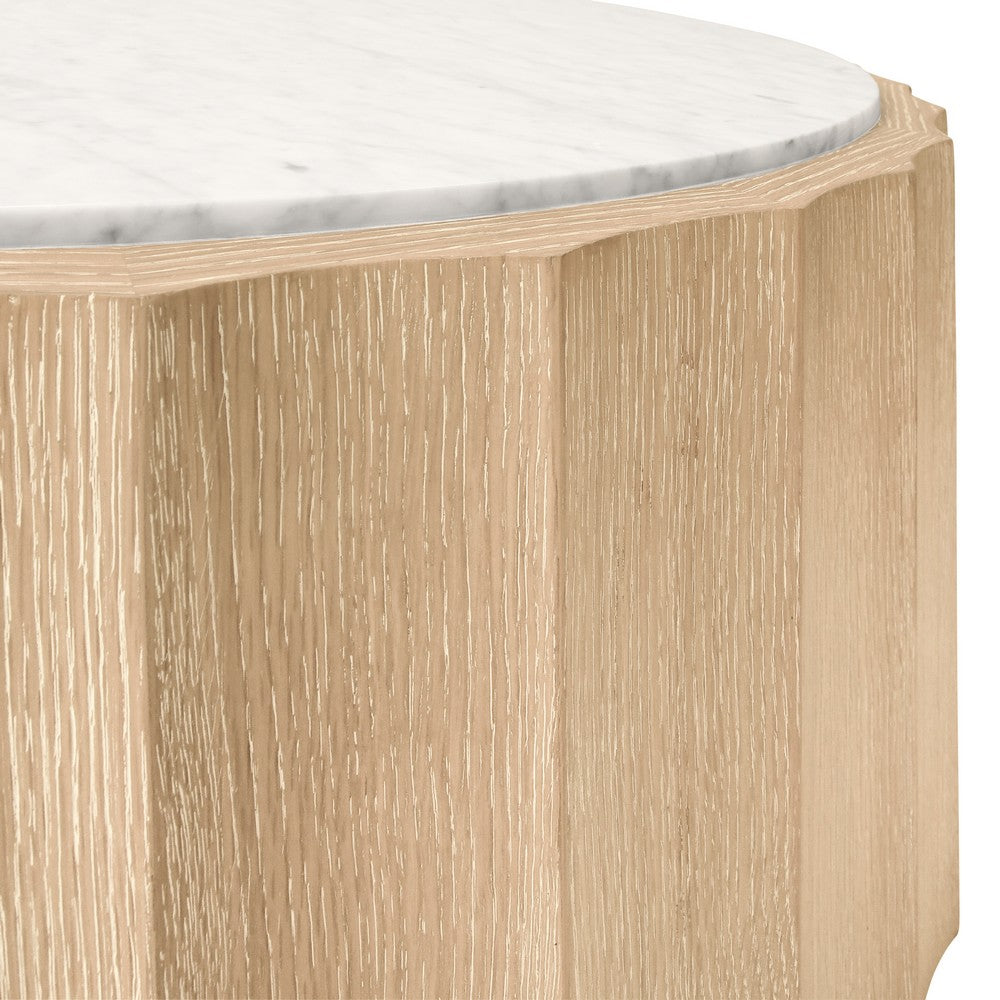 Worlds Away - Round Coffee Table With Fluted Detail In Cerused Oak With White Carrara Marble Top - MOORE CO view 4