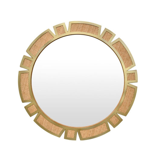 Worlds Away - Round Modern Suburst Mirror With Framed Rattan In Brass - SUNDAY view 2