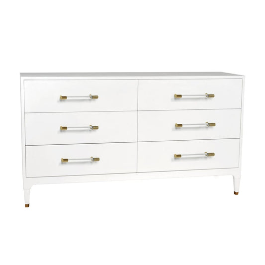 Worlds Away - Six Drawer Chest In Textured White Linen With Antique Brass And Acrylic Hardware - MAREN WHL view 2