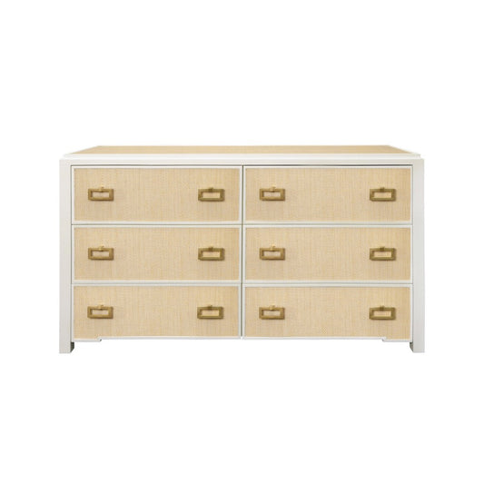 Worlds Away - Six Drawer Chest With Matte White Lacquer Frame And Natural Grasscloth Drawer Fronts - ATTICUS NAT view 2