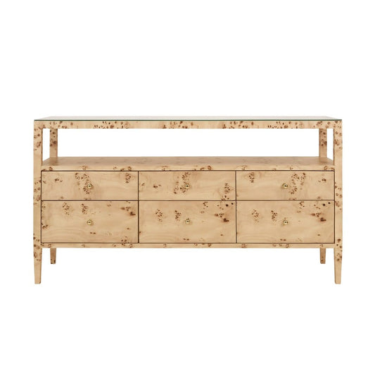 Worlds Away - Six Drawer Console With Open Shelf In Burl Wood With Polished Brass Knobs - JORDAN BW view 2