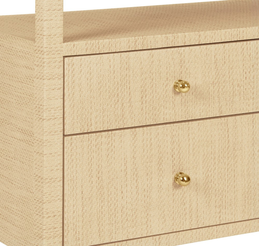 Worlds Away - Six Drawer Console With Open Shelf In Natural Grasscloth With Polished Brass Knobs - JORDAN NAT view 6
