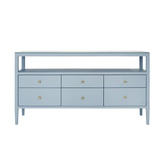 Worlds Away - Six Drawer Console With Open Shelf In Textured Light Blue Linen With Polished Brass Knobs - JORDAN LB view 2