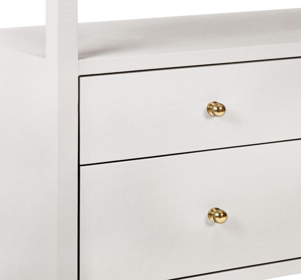 Worlds Away - Six Drawer Console With Open Shelf In Textured White Linen With Polished Brass Knobs - JORDAN WH view 7