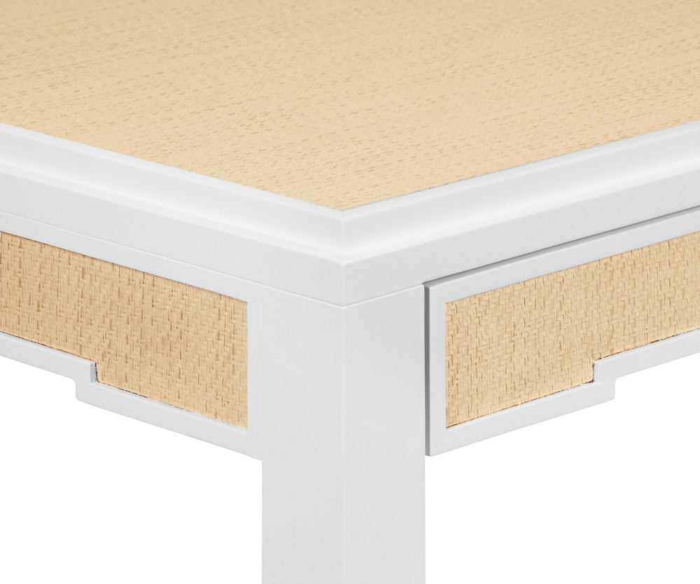 Worlds Away - Square Two Drawer Game Table In Matte White Lacquer Frame And Inset Natural Grasscloth - ROBIN NAT view 4