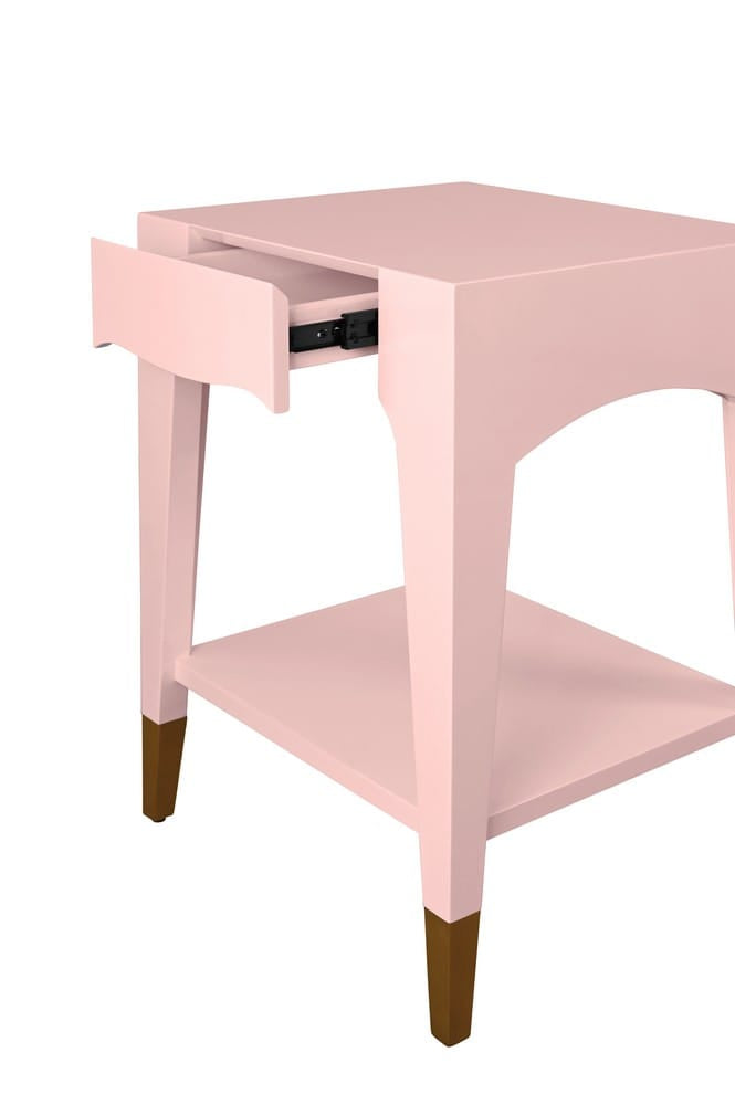 Worlds Away - Tapered Leg One Drawer Side Table With Antique Brass Foot Caps In Pink Lacquer - Peach Whip - PATTI PI view 6