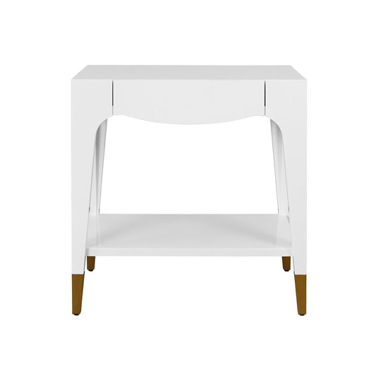 Worlds Away - Tapered Leg One Drawer Side Table With Antique Brass Foot Caps In White Lacquer - Snow White - RONNY WH view 2