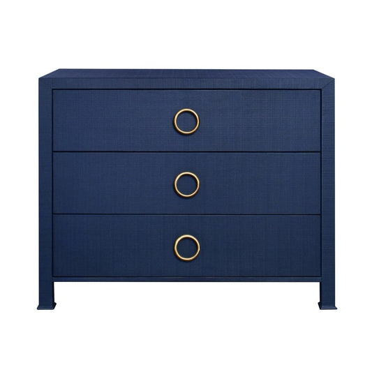 Worlds Away - Three Drawer Chest With Antique Brass Circle Hardware In Textured Navy Linen - GETTY NVY view 2