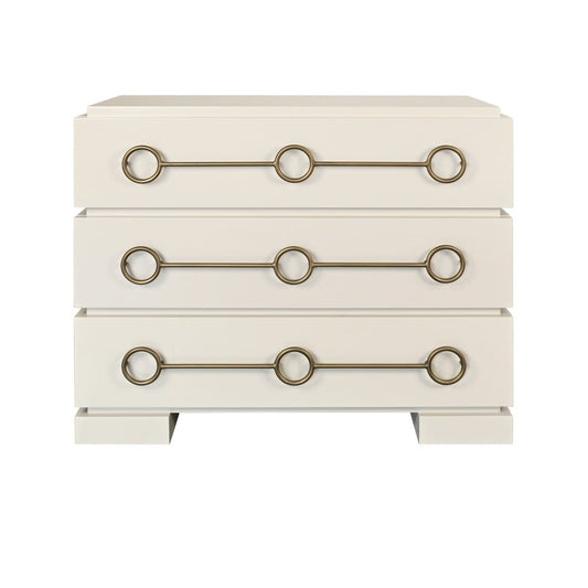 Worlds Away - Three Drawer Chest With Antique Brass Connected Circle Hardware In Matte Antique White Lacquer - RODERICK AW view 2