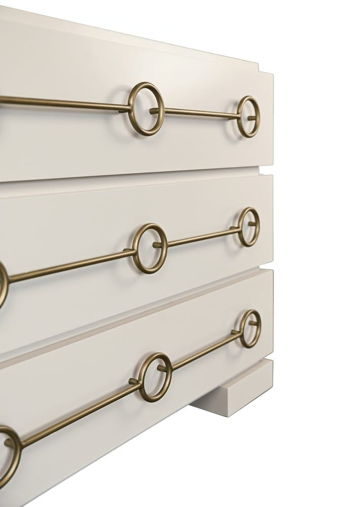 Worlds Away - Three Drawer Chest With Antique Brass Connected Circle Hardware In Matte Antique White Lacquer - RODERICK AW view 7