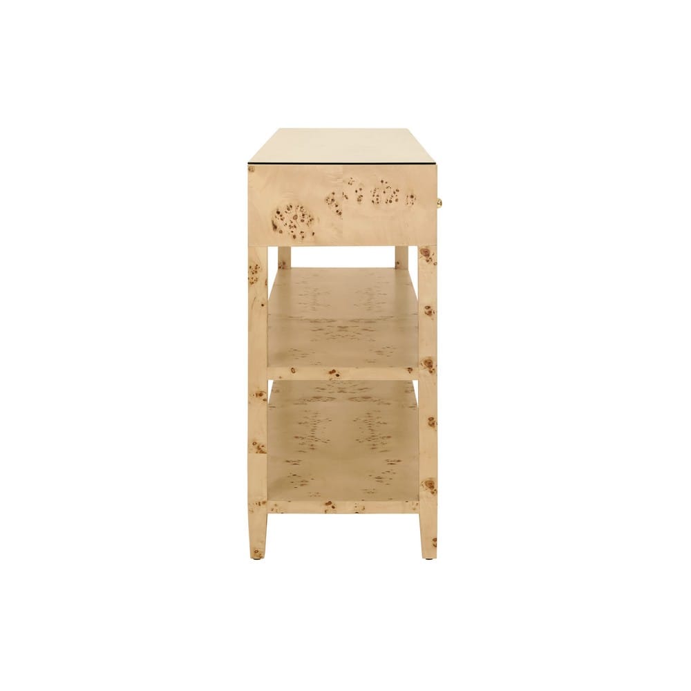 Worlds Away - Three Drawer Console With Two Open Shelves In Burl Wood With Polished Brass Knobs - BRIAR BW view 4