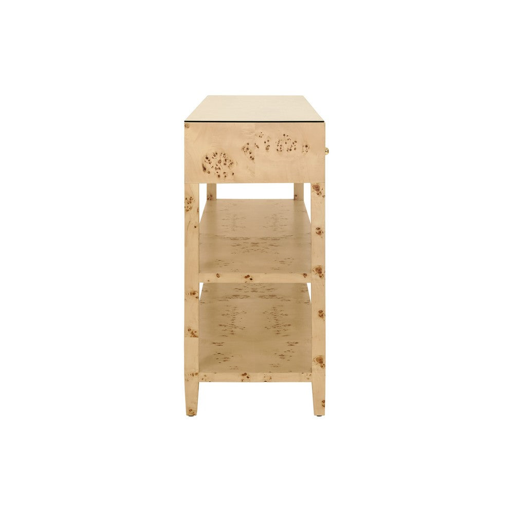 Worlds Away - Three Drawer Console With Two Open Shelves In Burl Wood With Polished Brass Knobs - BRIAR BW view 4