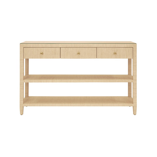 Worlds Away - Three Drawer Console With Two Open Shelves In Natural Grasscloth With Polished Brass Knobs - BRIAR NAT view 2