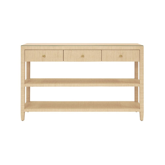 Worlds Away - Three Drawer Console With Two Open Shelves In Natural Grasscloth With Polished Brass Knobs - BRIAR NAT view 2
