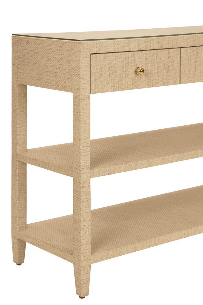 Worlds Away - Three Drawer Console With Two Open Shelves In Natural Grasscloth With Polished Brass Knobs - BRIAR NAT view 6