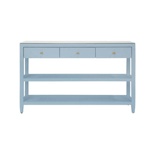 Worlds Away - Three Drawer Console With Two Open Shelves In Textured Light Blue Linen With Polished Brass Knobs - BRIAR LB view 2