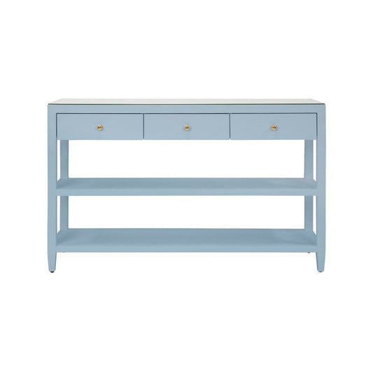 Worlds Away - Three Drawer Console With Two Open Shelves In Textured Light Blue Linen With Polished Brass Knobs - BRIAR LB view 2