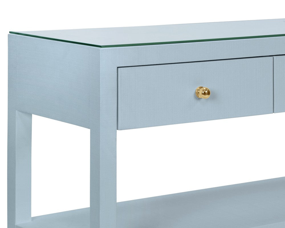 Worlds Away - Three Drawer Console With Two Open Shelves In Textured Light Blue Linen With Polished Brass Knobs - BRIAR LB view 5