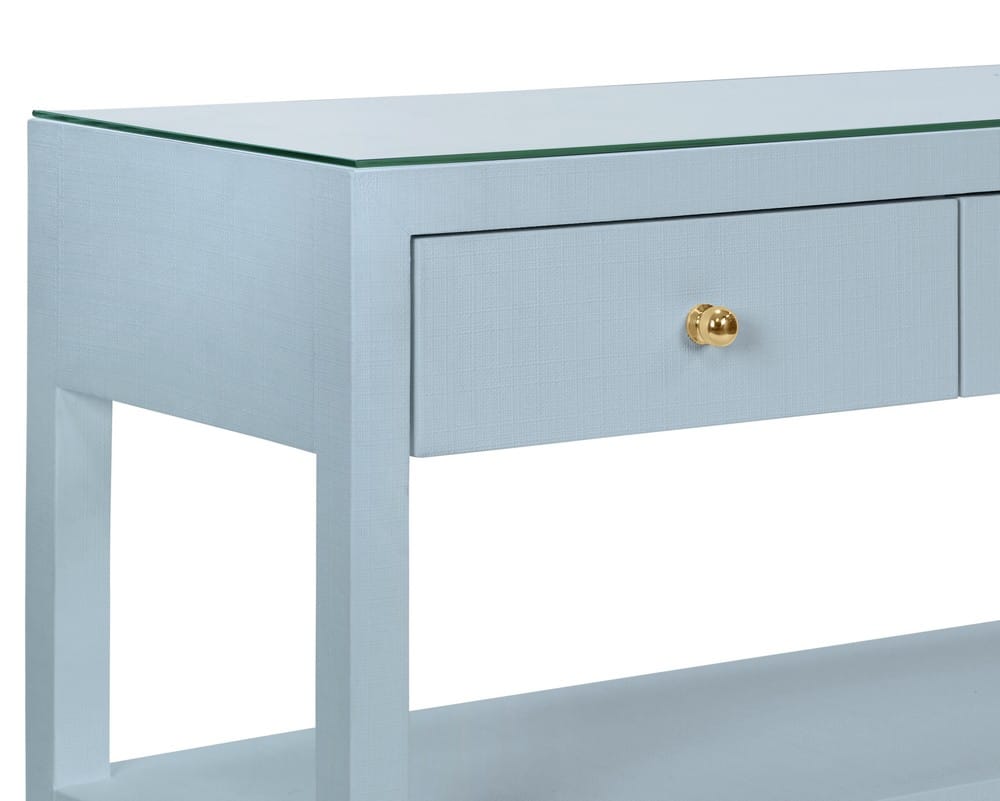 Worlds Away - Three Drawer Console With Two Open Shelves In Textured Light Blue Linen With Polished Brass Knobs - BRIAR LB view 5