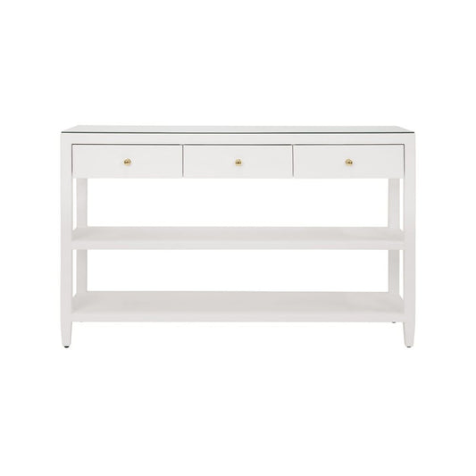 Worlds Away - Three Drawer Console With Two Open Shelves In White Textured Linen With Polished Brass Knobs - BRIAR WH view 2