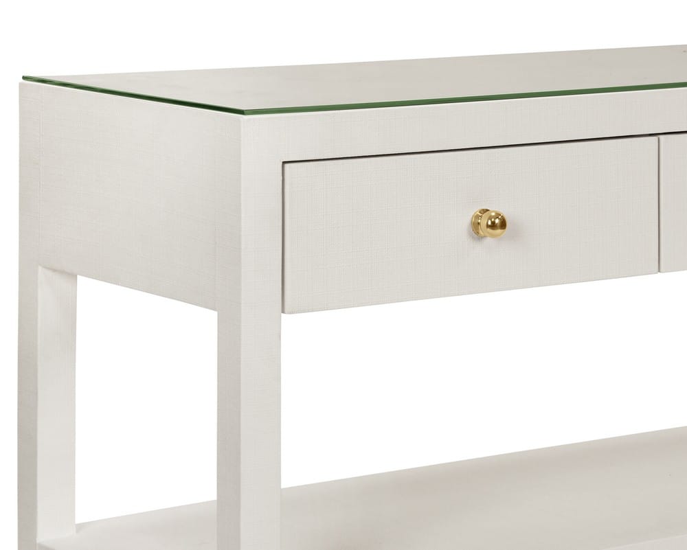 Worlds Away - Three Drawer Console With Two Open Shelves In White Textured Linen With Polished Brass Knobs - BRIAR WH view 5