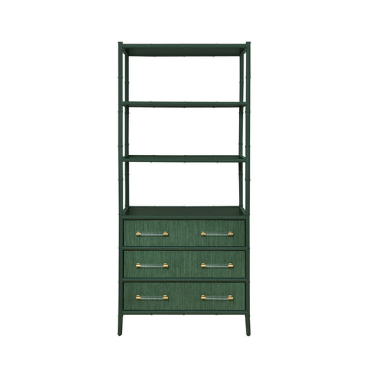 Worlds Away - Three Drawer Etagere With Bamboo Detail In Green Dyed Grasscloth And Dark Green Matte Lacquer - FLYNN GR view 2