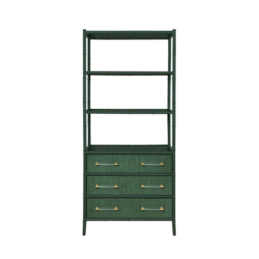 Worlds Away - Three Drawer Etagere With Bamboo Detail In Green Dyed Grasscloth And Dark Green Matte Lacquer - FLYNN GR view 2
