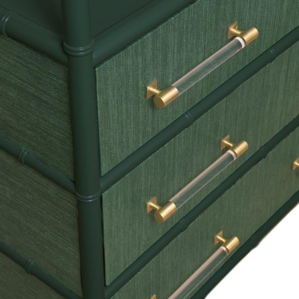 Worlds Away - Three Drawer Etagere With Bamboo Detail In Green Dyed Grasscloth And Dark Green Matte Lacquer - FLYNN GR view 6