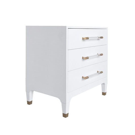 Worlds Away - Three Drawer Side Table In Textured White Linen With Antique Brass And Acrylic Hardware - AMBER WHL view 1