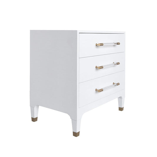 Worlds Away - Three Drawer Side Table In Textured White Linen With Antique Brass And Acrylic Hardware - AMBER WHL view 1
