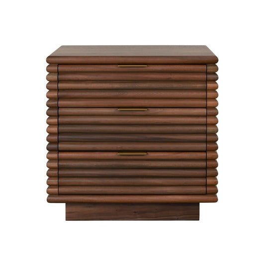 Worlds Away - Three Drawer Side Table With Antique Brass Hardware And Large Horizontal Reeds In Walnut - MATEO WAL view 2